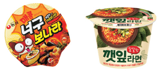 농심 '너구보나라'(왼쪽)와 오뚜기 '깻잎라면'  각 사 제공